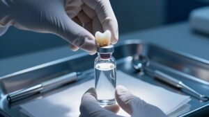 Стоматолог сохраняет выбитый зуб в растворе, оказывая экстренную помощь при травмах зубов и челюсти в Митино
